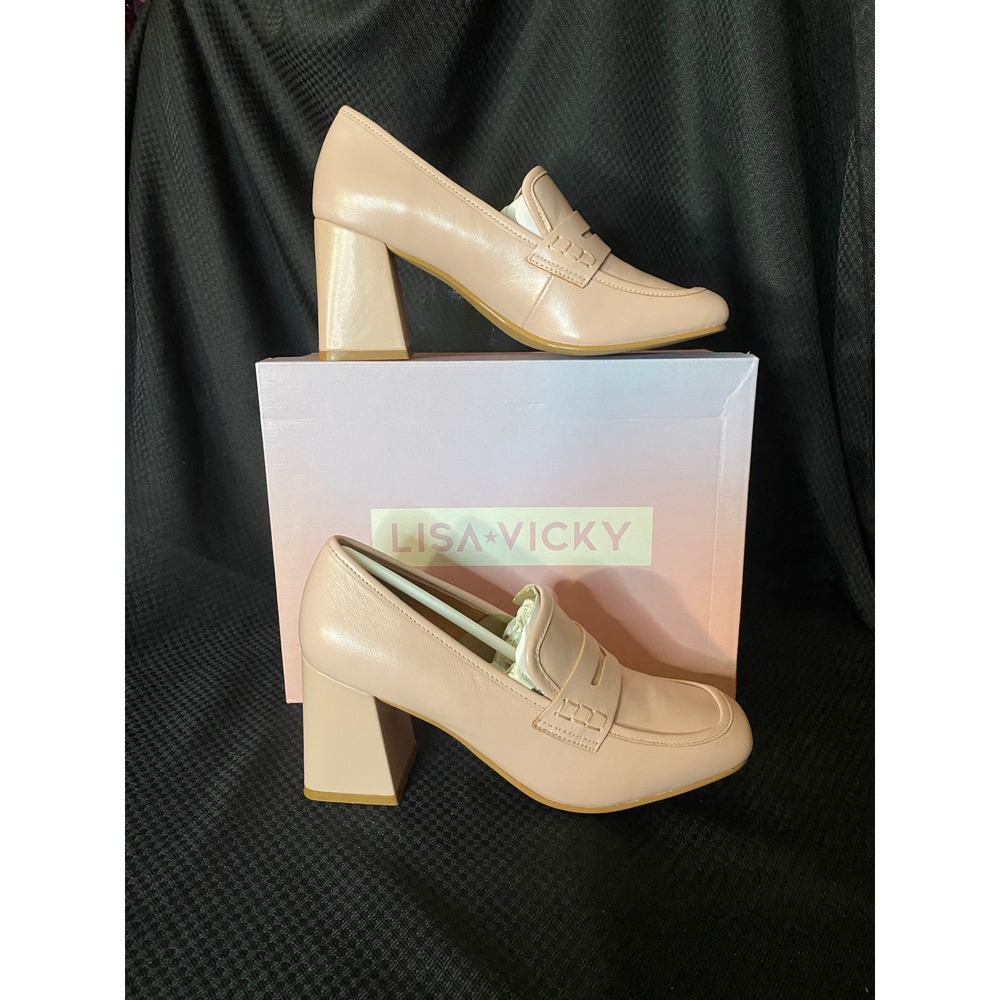 Lisa Vicky Blush Pink Leather Penny Loafer Block Heel Pumps Womens Size 7.5